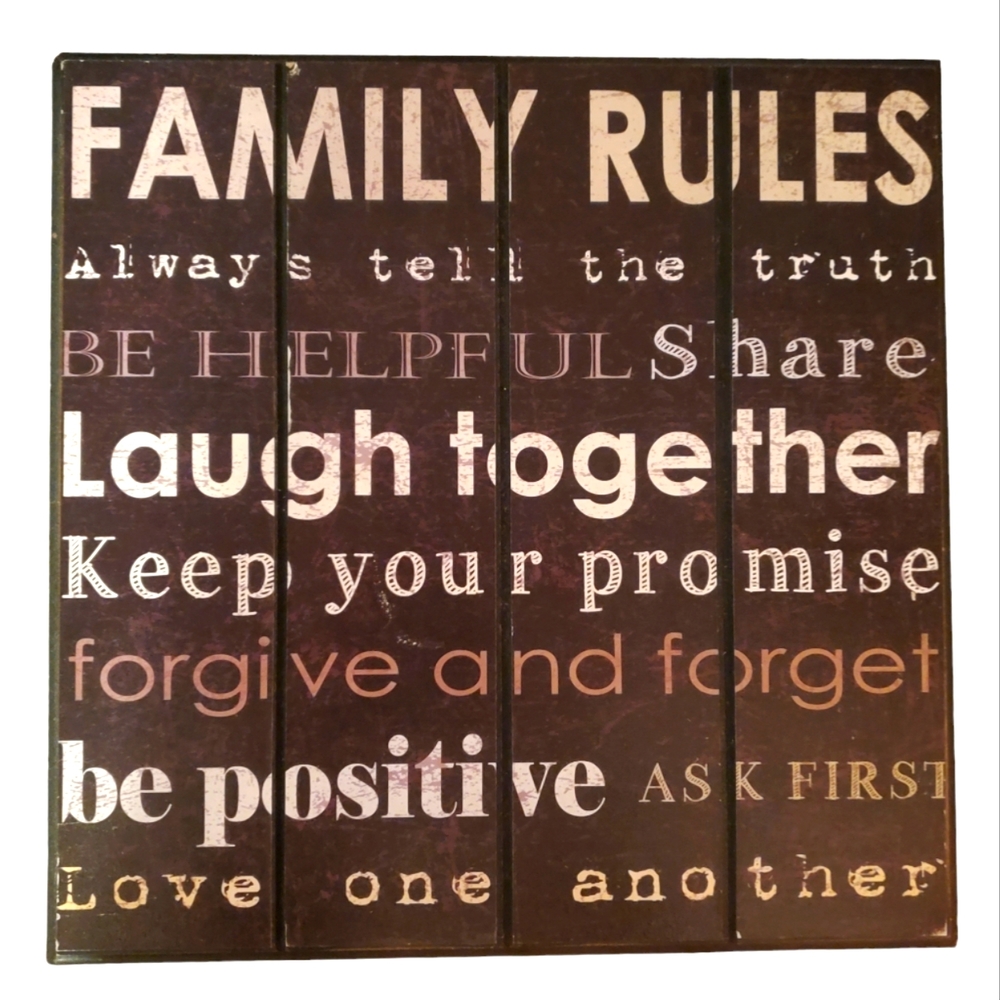 Family Rules square wooden wall or shelf decor brown